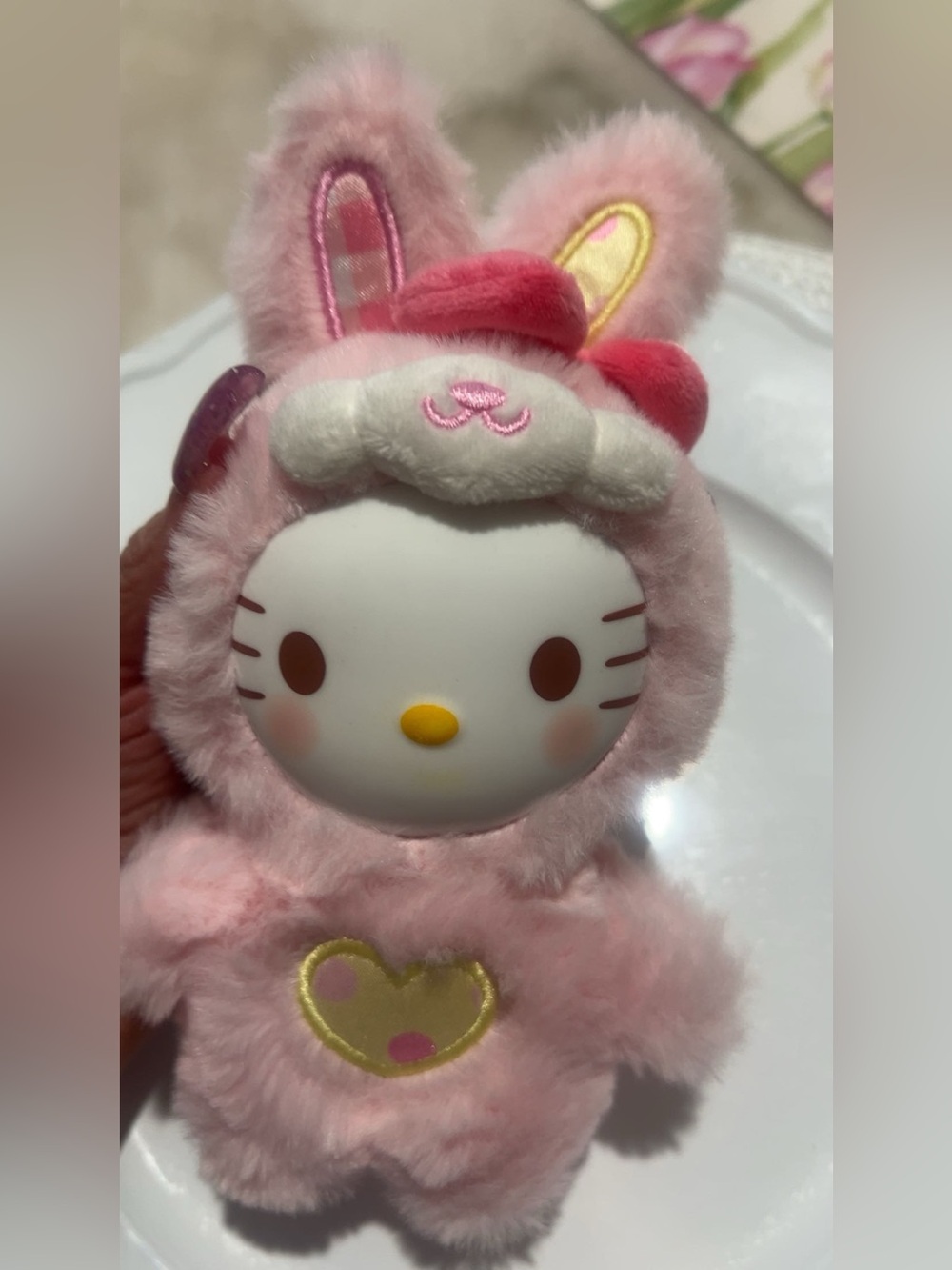 Sanrio Hello Kitty Pink Bunny Plush Keychain with Yellow Accent